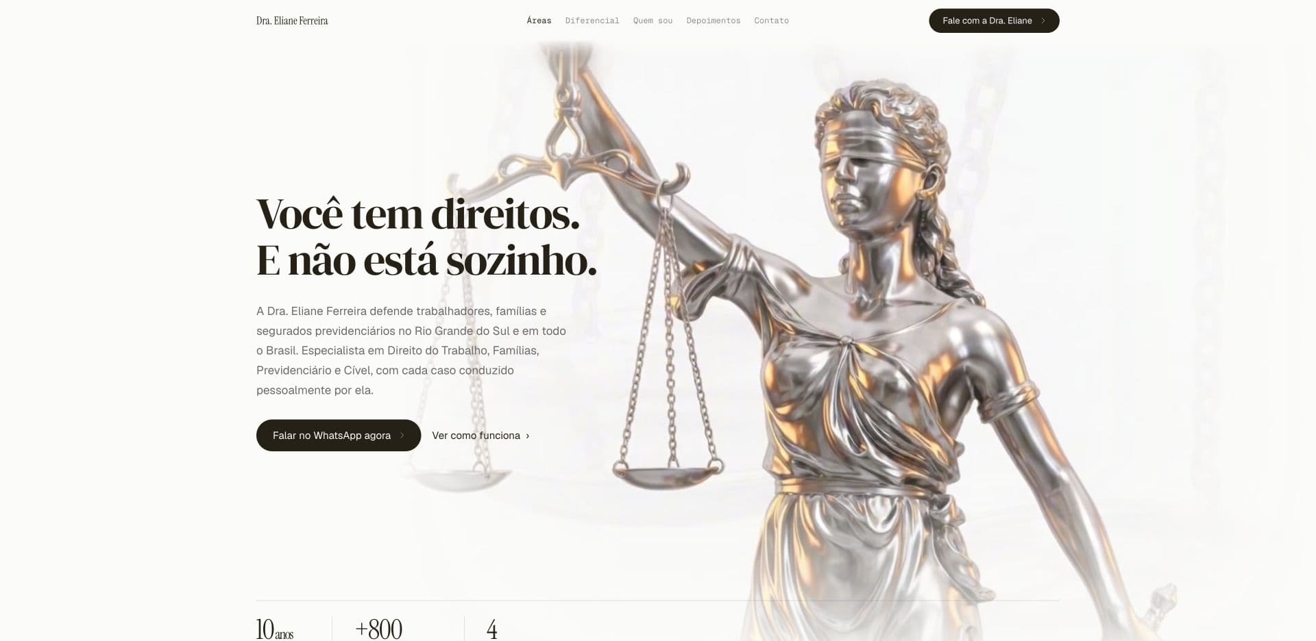 Apresentação da Dra. Eliane Ferreira, com fundo claro e a escultura da Justiça.